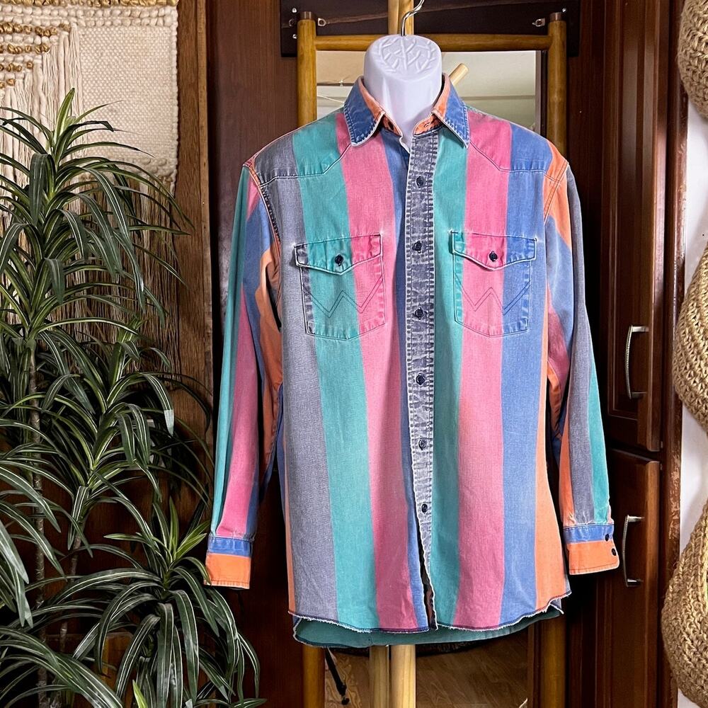 Vintage 90s Wrangler Brushpopper Shirt 16.5-34 USA Multicolor Stripe Western